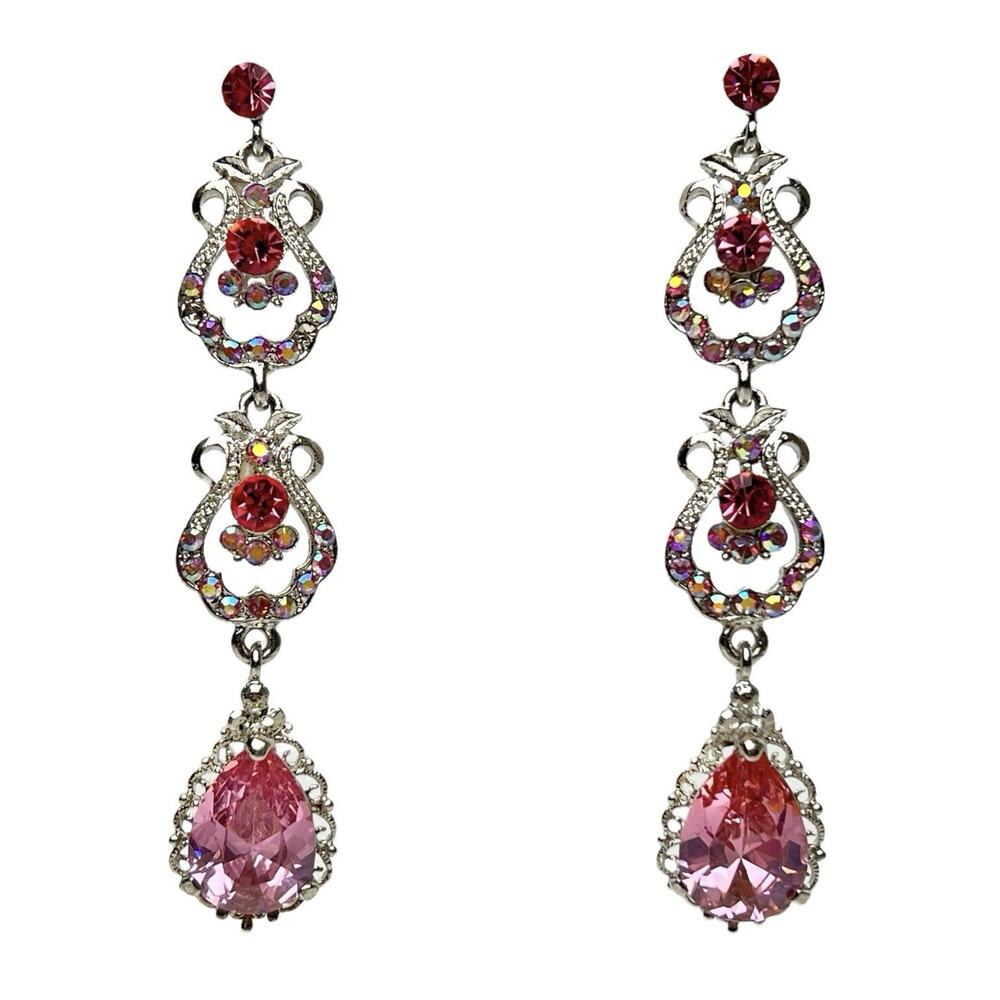 Pierced Dangle Earrings Pink Glass Faceted Stones Acrylic Silver Tone Long Drop